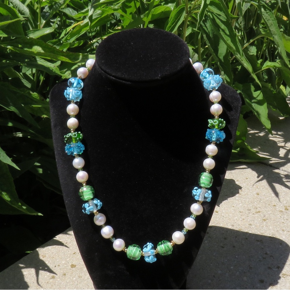 Art Glass & Pearls Beaded Necklace 925 Gold Over Sterling Silver Toggle Clasp